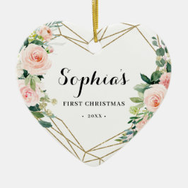 Geometric Blush Floral Baby's First Christmas Keramik Ornament