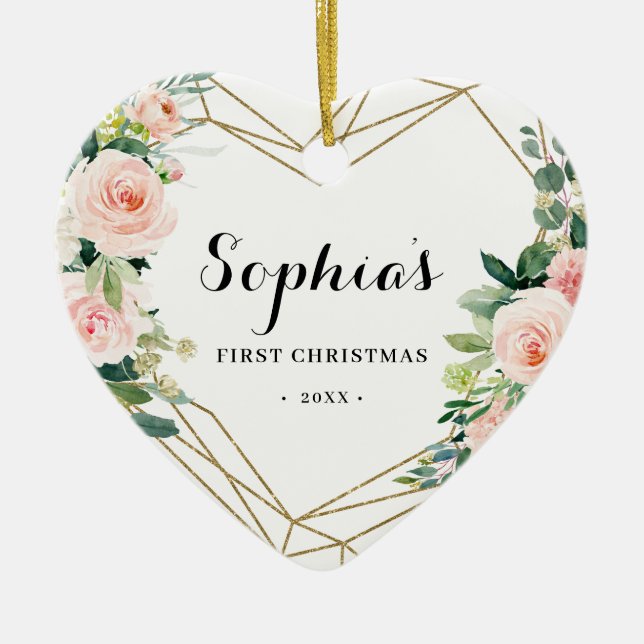Geometric Blush Floral Baby's First Christmas Keramik Ornament (Vorne)