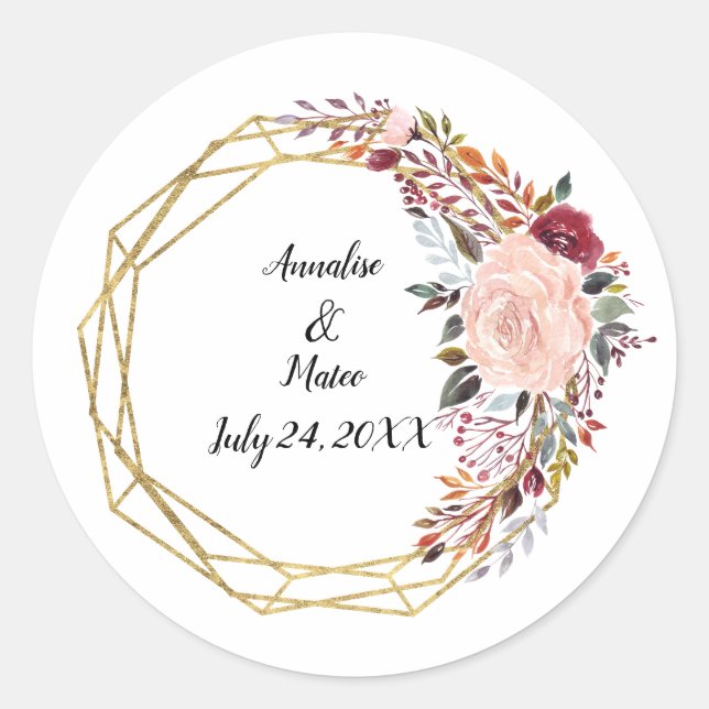 Geometric Boho Floral Wedding Couple Names & Date Runder Aufkleber (Vorderseite)