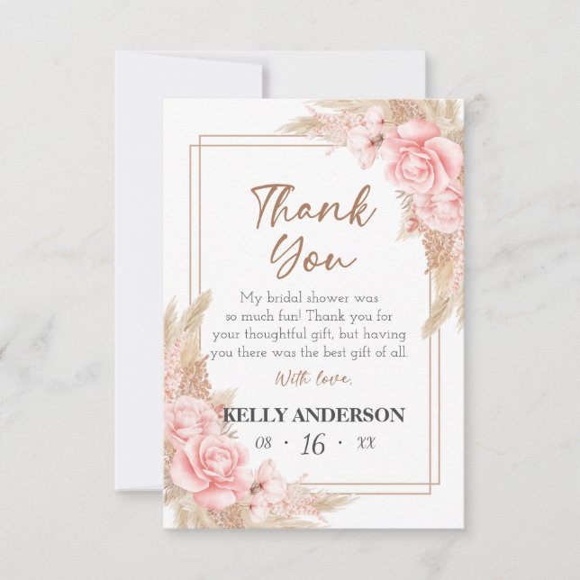 Geometric Boho Pampas Rose Gold Brautparty Dankeskarte (Vorderseite)