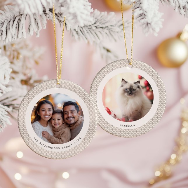 Geometric Brown and White Scandinavian 2 Photos Keramik Ornament (Neutral Snowflake Modern 2 Photo Christmas Ornament Brown)