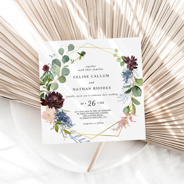 Geometric Burgundy Blumen und Grüne Hochzeit Einladung (Von Creator hochgeladen)