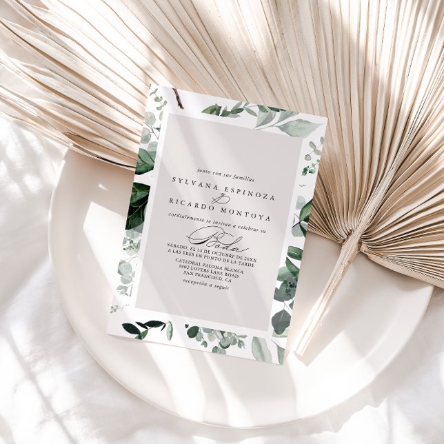 Geometric Calligraphy Greenerity Spanish Wedding Einladung (Von Creator hochgeladen)