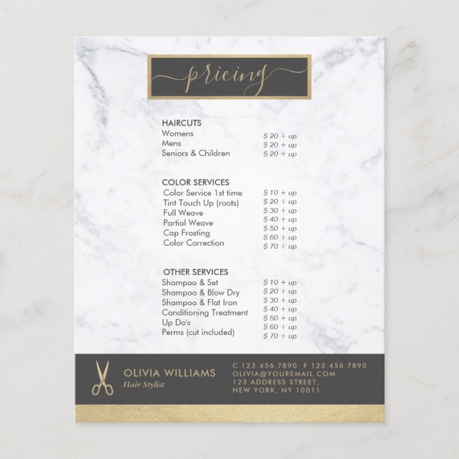 Geometric Chic Gold Scissors Marmorhaar Stylist Flyer (Vorne)