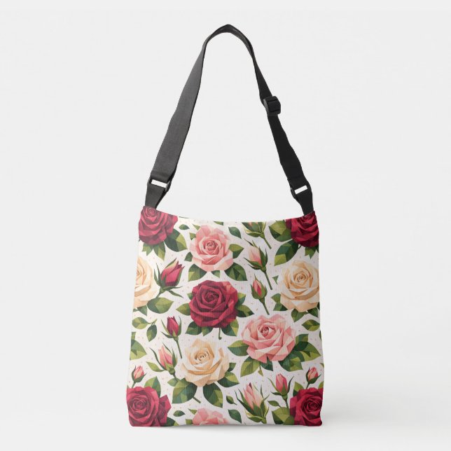 Geometric Cute Rose Pattern Pink Red Peach Floral Tragetaschen Mit Langen Trägern (Vorderseite)