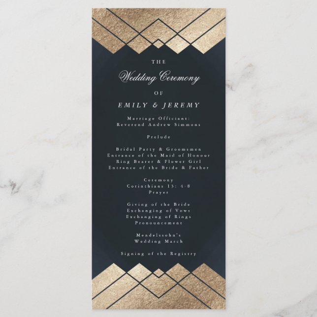 Geometric Dark Navy Gold Gatsby Wedding Programm (Vorderseite)