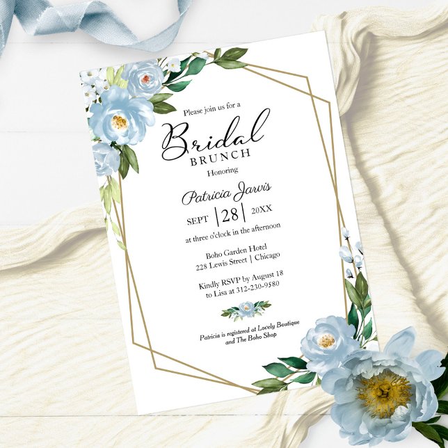 Geometric Dusty Blue Floral Bridal Brunch Einladung (Von Creator hochgeladen)