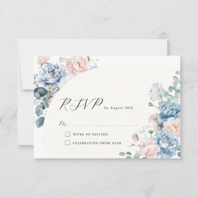 Geometric Dusty Blue Peach Floral Wedding RSVP Karte (Vorderseite)