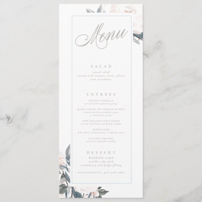 Geometric Dusty Blue Peony Wedding Menu Menükarte (Vorderseite)