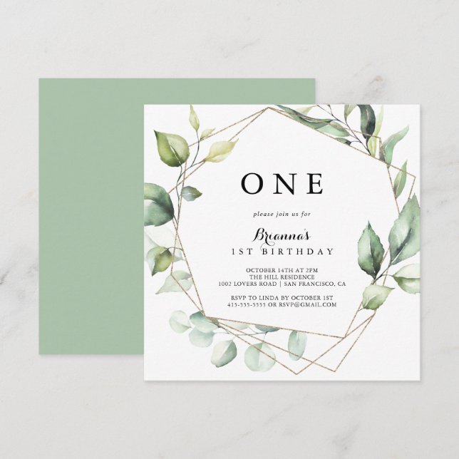 Geometric Elegant Gold Green First Birthday Party Einladung (Vorne/Hinten)