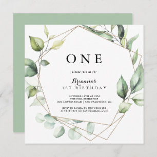 Geometric Elegant Gold Green First Birthday Party Einladung