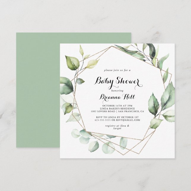 Geometric Elegant Gold Greenery Baby Shower Einladung (Vorne/Hinten)