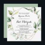 Geometric Elegant Gold Greenery Bat Mitzvah Einladung<br><div class="desc">Diese geometrisch elegante goldgrüne Fledermaus mitzvah Einladung ist perfekt für eine moderne Fledermaus Mitzvah. Das Design besteht aus handbemalten botanisch-grünen Eukalyptus-Blätter,  die einen goldenen geometrischen Rahmen schmücken.</div>