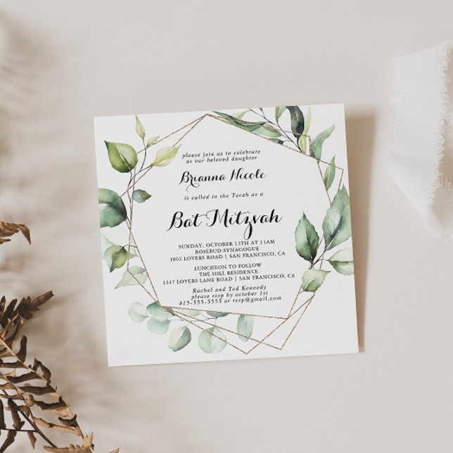 Geometric Elegant Gold Greenery Bat Mitzvah Einladung (Von Creator hochgeladen)