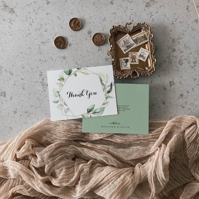 Geometric Elegant Gold Greenery Flat Wedding Dankeskarte (Von Creator hochgeladen)