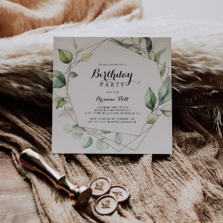 Geometric Elegant Gold Greenery Geburtstagsparty Einladung