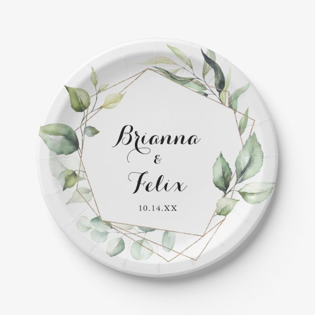 Geometric Elegant Gold Greenery Wedding Cake Pappteller (Vorderseite)