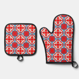 Geometric Four Red Leaves Ofenhandschuh & Topflappen-Set