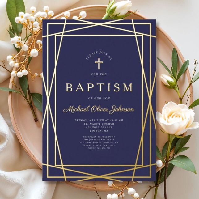 Geometric Frame Navy Blue Boy Taufe Gold Folieneinladung (Geometric Frame Navy Blue Boy Baptism Gold Foil Invitation)