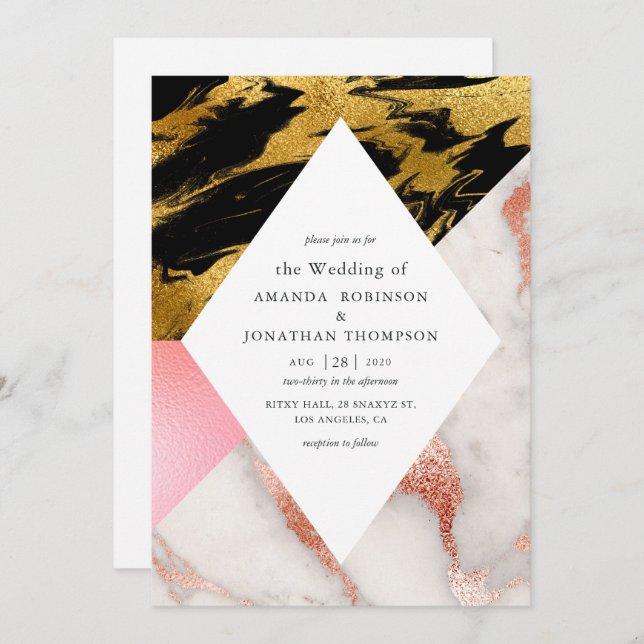 Geometric Glam Imitats Glitzer Marble Wedding Einladung (Vorne/Hinten)