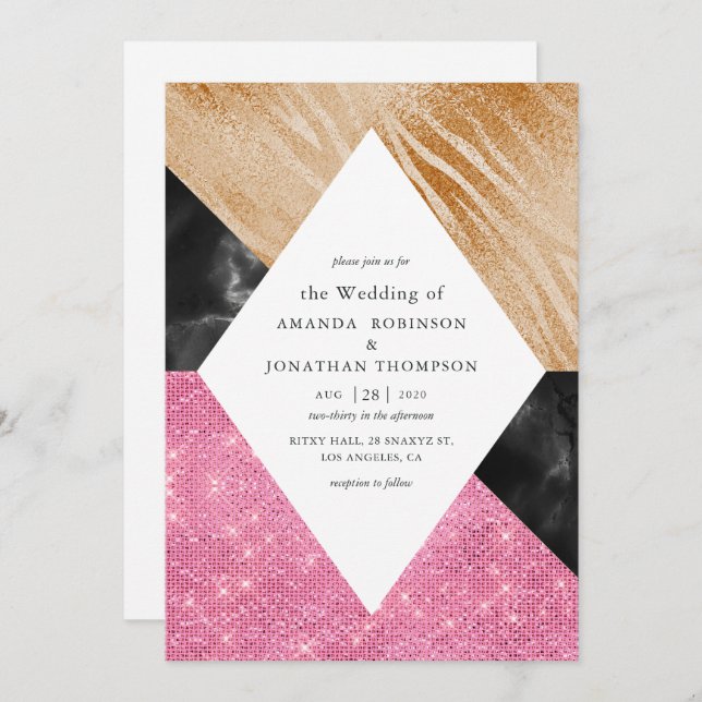 Geometric Glam Imitats Glitzer Marble Wedding Einladung (Vorne/Hinten)