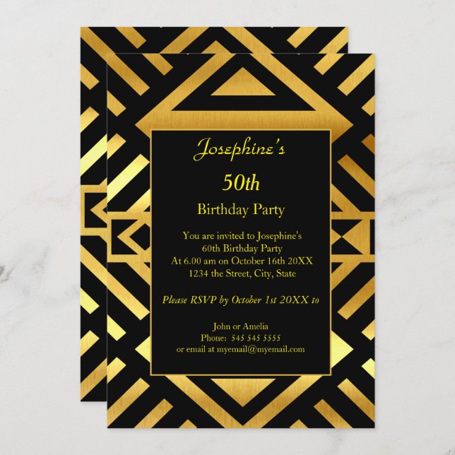 Geometric Gold Black 50. Geburtstagsparty Einladung (Vorne/Hinten)