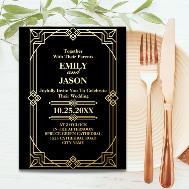 Geometric Gold Black Great Gatsby Art Deco Hochzei Folie Einladungspostkarte (Geometric Gold black great gatsby Art Deco wedding Foil Invitation Postcard)