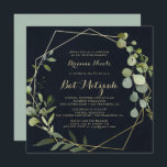 Geometric Gold Blue Green Calligraphy Bat Mitzvah Einladung<br><div class="desc">Diese geometrische goldblaue Kalligrafie Fledermaus mitzvah Einladung ist perfekt für eine einfache Fledermaus Mitzvah. Das Design besteht aus handbemalten,  grünen Blätter,  die in einem dunkelblauen Hintergrund gehalten sind und einen geometrischen Rahmen in Gold zieren.</div>