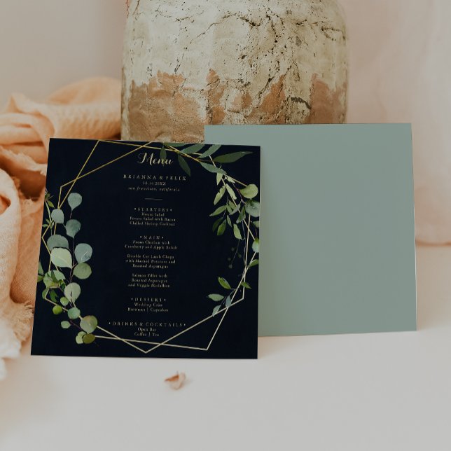 Geometric Gold Blue Green Calligraphy Dinner Menükarte (Von Creator hochgeladen)