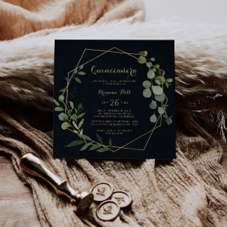 Geometric Gold Blue Green Eucalyptus Quinceañera Einladung