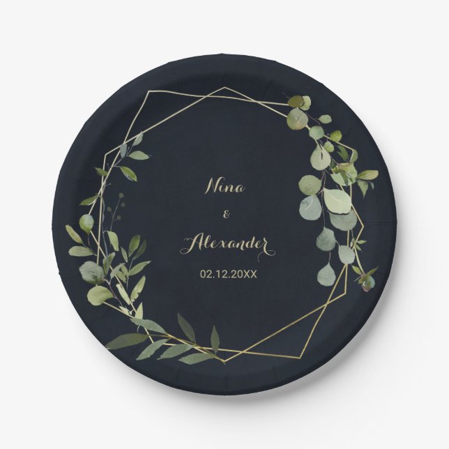 Geometric Gold Blue Green Wedding Paper Plate Pappteller (Vorderseite)
