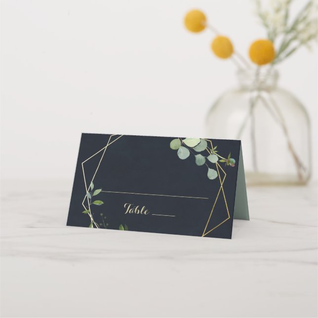 Geometric Gold Blue Green Wedding Platzkarte (Vorderseite)