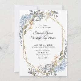 Geometric Gold Dusty Blue Floral Wedding Einladung