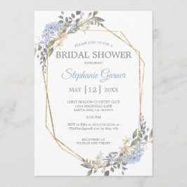 Geometric Gold Dusty Blue Florals Brautparty Einladung