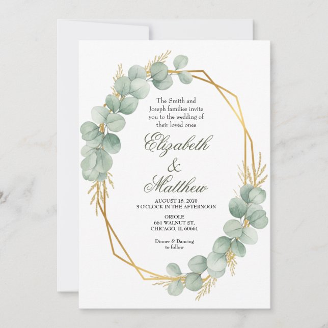 Geometric Gold Eucalyptus Wreath Wedding  Einladung (Vorderseite)
