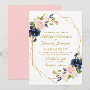 Geometric Gold Floral Blue Pink Blush Wedding Einladung