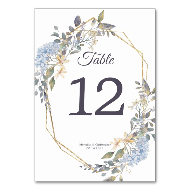 Geometric Gold Frame Dusty Blue Florals Wedding Tischnummer (Vorderseite)