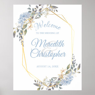 Geometric Gold Frame Dusty Blue Florals Willkommen Poster