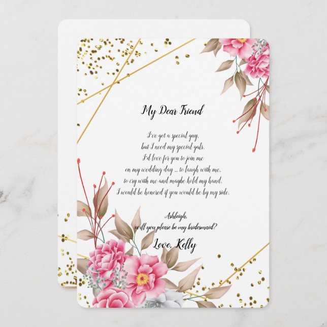Geometric Gold Frame Pink Fl wird meine Bridesmaid Einladung (Vorne/Hinten)