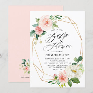Geometric Gold Frame Pink Florals Baby Dusche Einladung