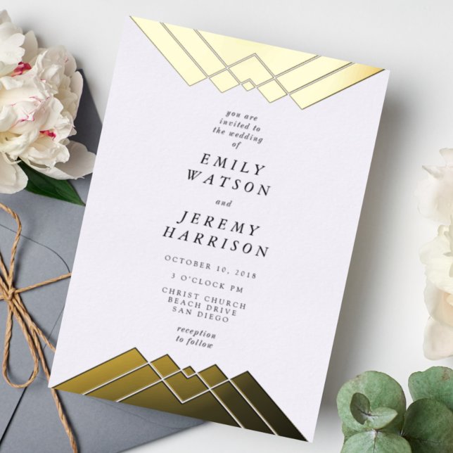 Geometric Gold Gatsby Wedding Pressed Folieneinladung (Von Creator hochgeladen)