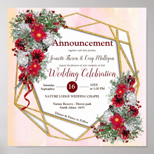 Geometric - Gold Glitzer Burgundy Bouquets Poster (Vorne)