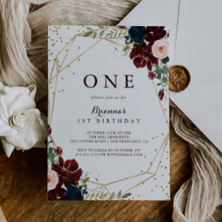 Geometric Gold Glitzer Floral First Birthday Party Einladung