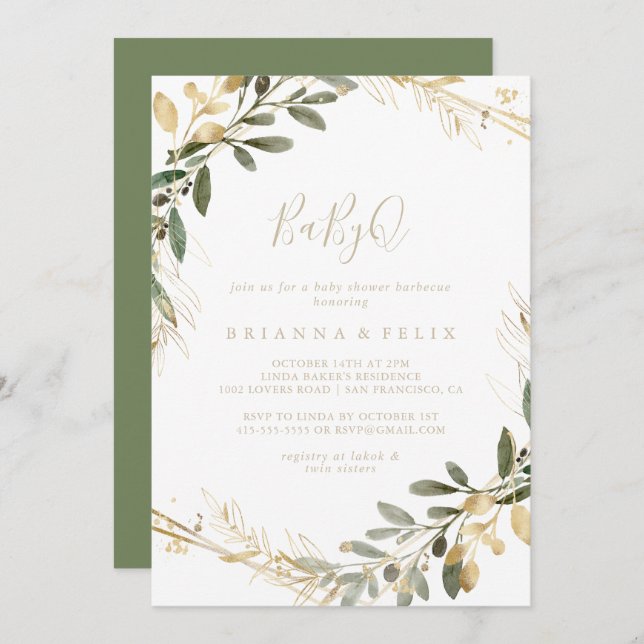 Geometric Gold Green BabyQ Baby Duschgrill Einladung (Vorne/Hinten)