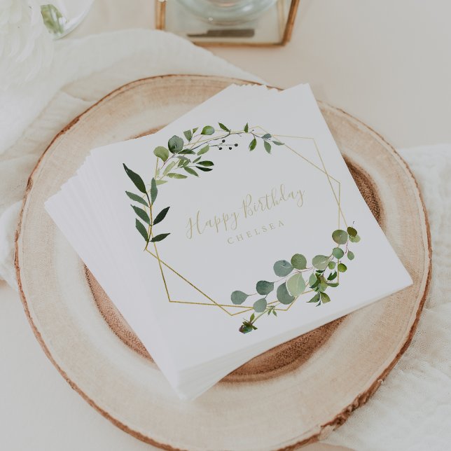 Geometric Gold Green Calligraphy Happy Birthday Serviette (Von Creator hochgeladen)