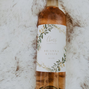 Geometric Gold Green Cheers Wedding Wine Labels Weinetikett