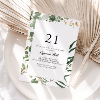 Geometric Gold Green Foliage 21. Geburtstag Party Einladung