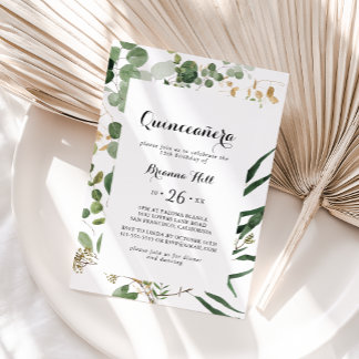 Geometric Gold Green Foliage Quinceñera Einladung