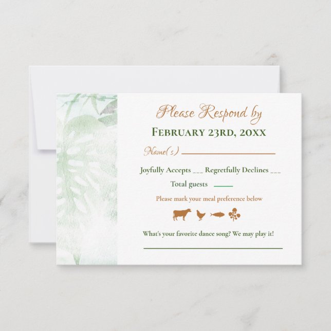Geometric Gold Green Monstera Blätter Wedding RSVP (Vorderseite)