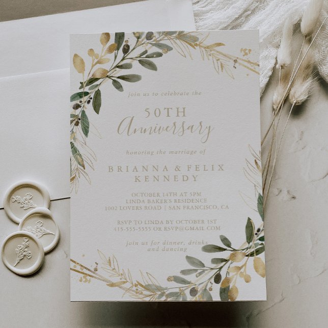 Geometric Gold Greenery 50. Hochzeitstag Einladung (Von Creator hochgeladen)